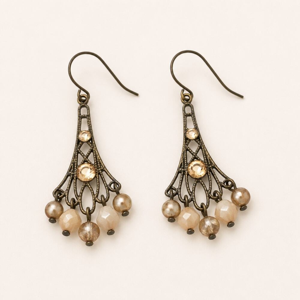 Vintage antiqued gold tone and glass beaded dangle earrings